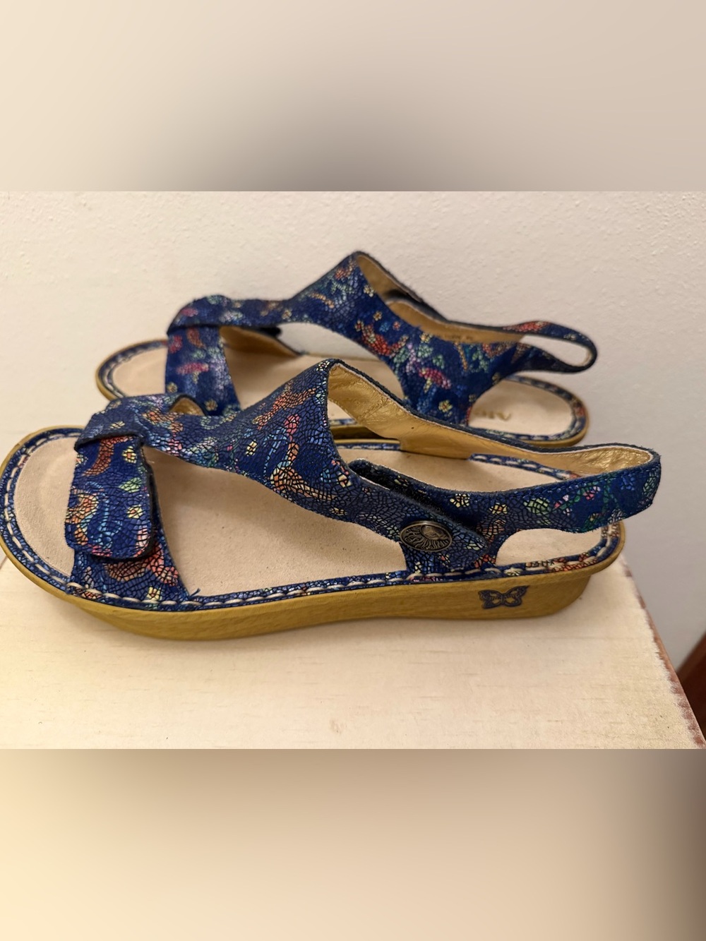 Alegria Navy Blue Multi-Print Slingback Sandals